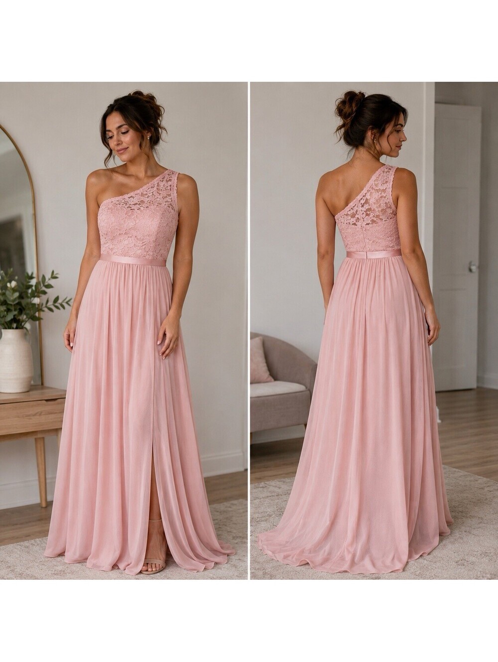 David’s Bridal Bellini Pink Lace Chiffon One Shoulder Maxi Bridesmaid Dress 4